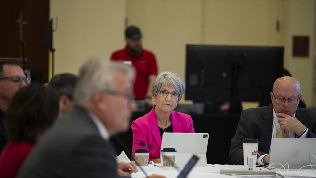 Board of regents president Sherry Bates listens to a finance presentation during a board meeting at the Iowa State Alumni Building in Ames on Wednesday, Sept. 18, 2024. The University of Iowa’s new School of Earth, Environment, and Sustainability plans to bring together students, faculty, and researchers interested in sustainability, sciences and the environment.